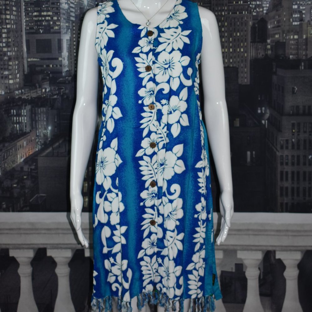UUWATU Bali Island Sz Medium Tropical Floral Print Button Down Sleeveless Dress